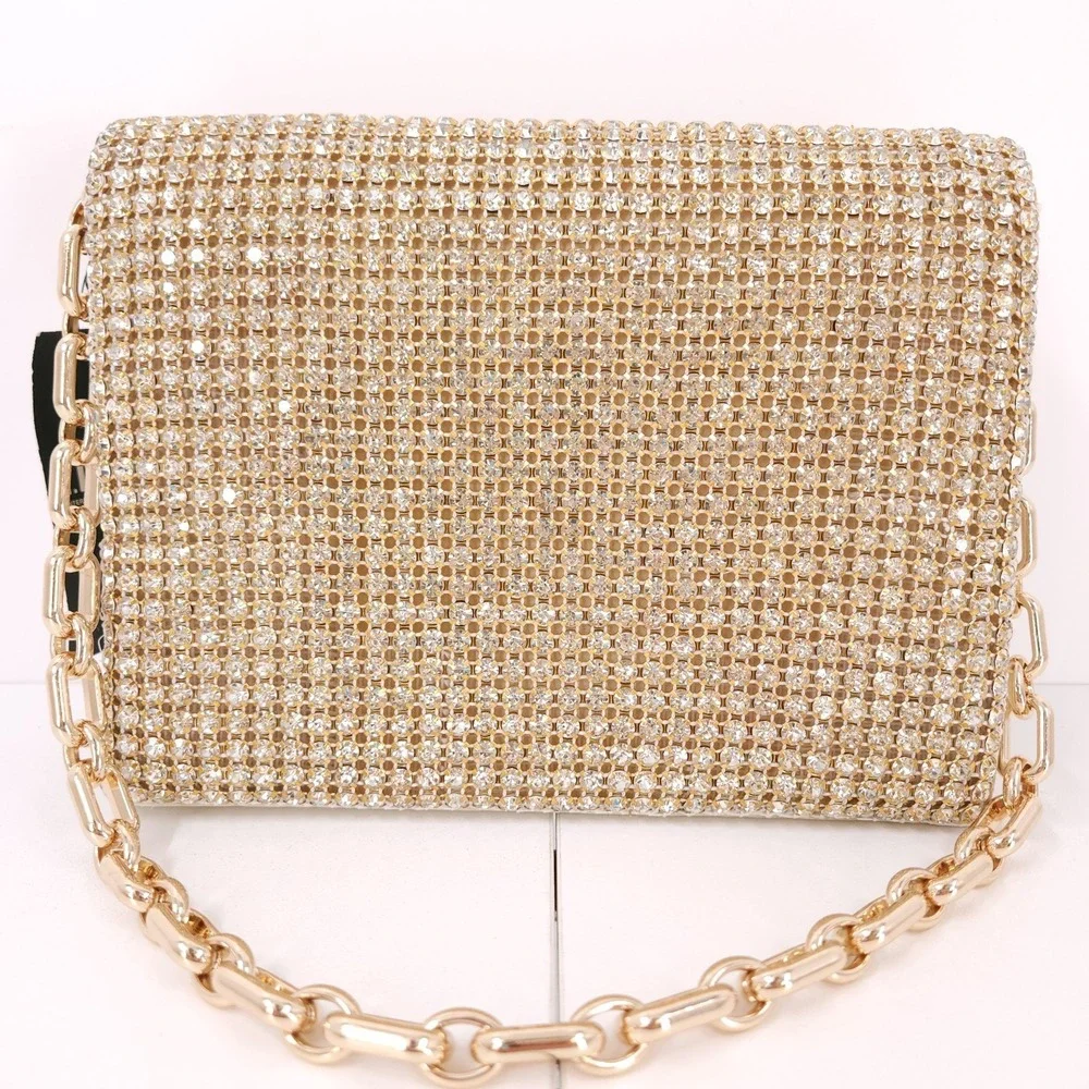 I.N.C Diamond Mesh East West Clutch Classic Gold‎ Chain Strap Magnetic Snap